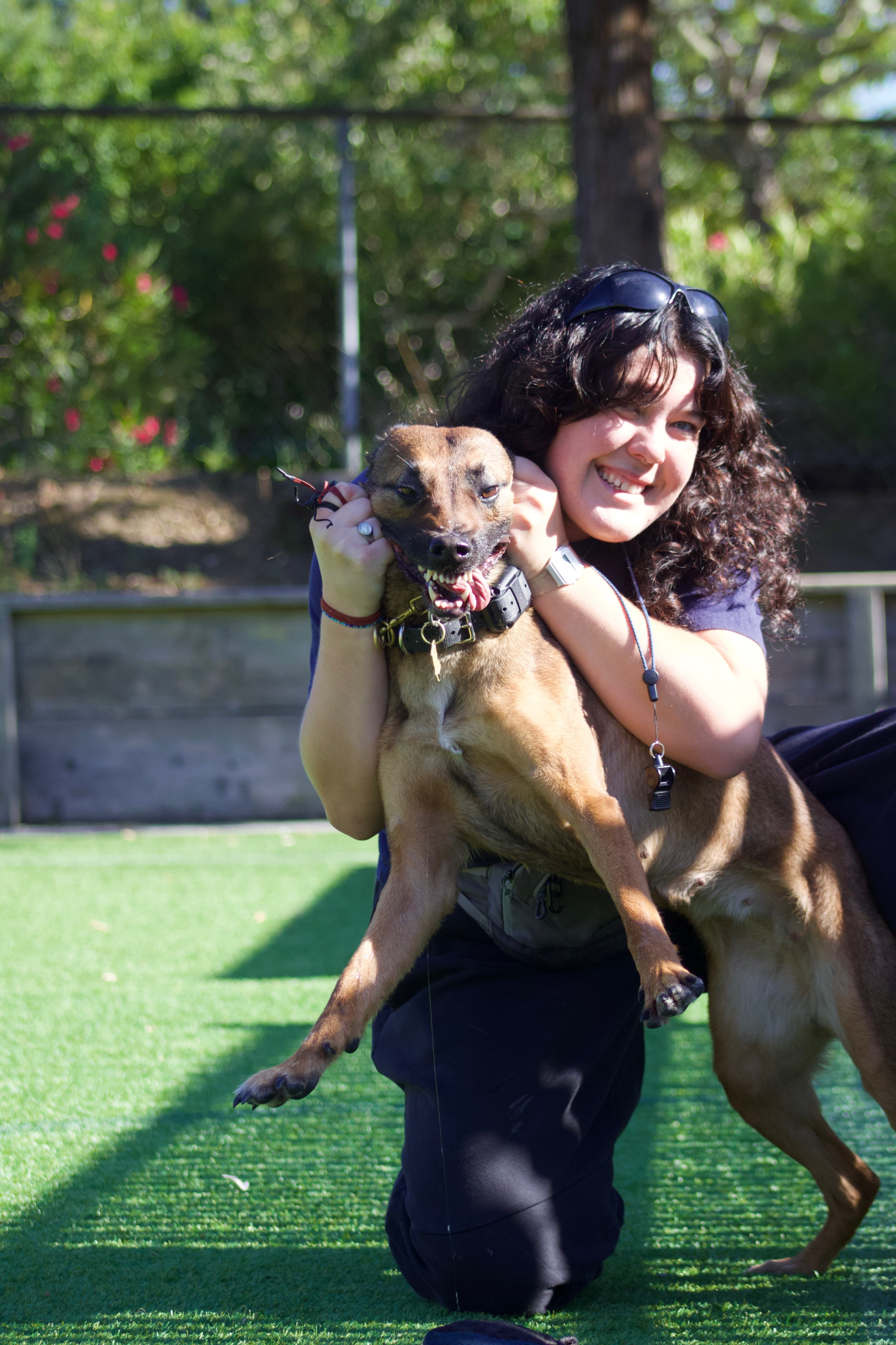 Isabella kneeling and hugging a joyful Dutch Shepherd on a turf field