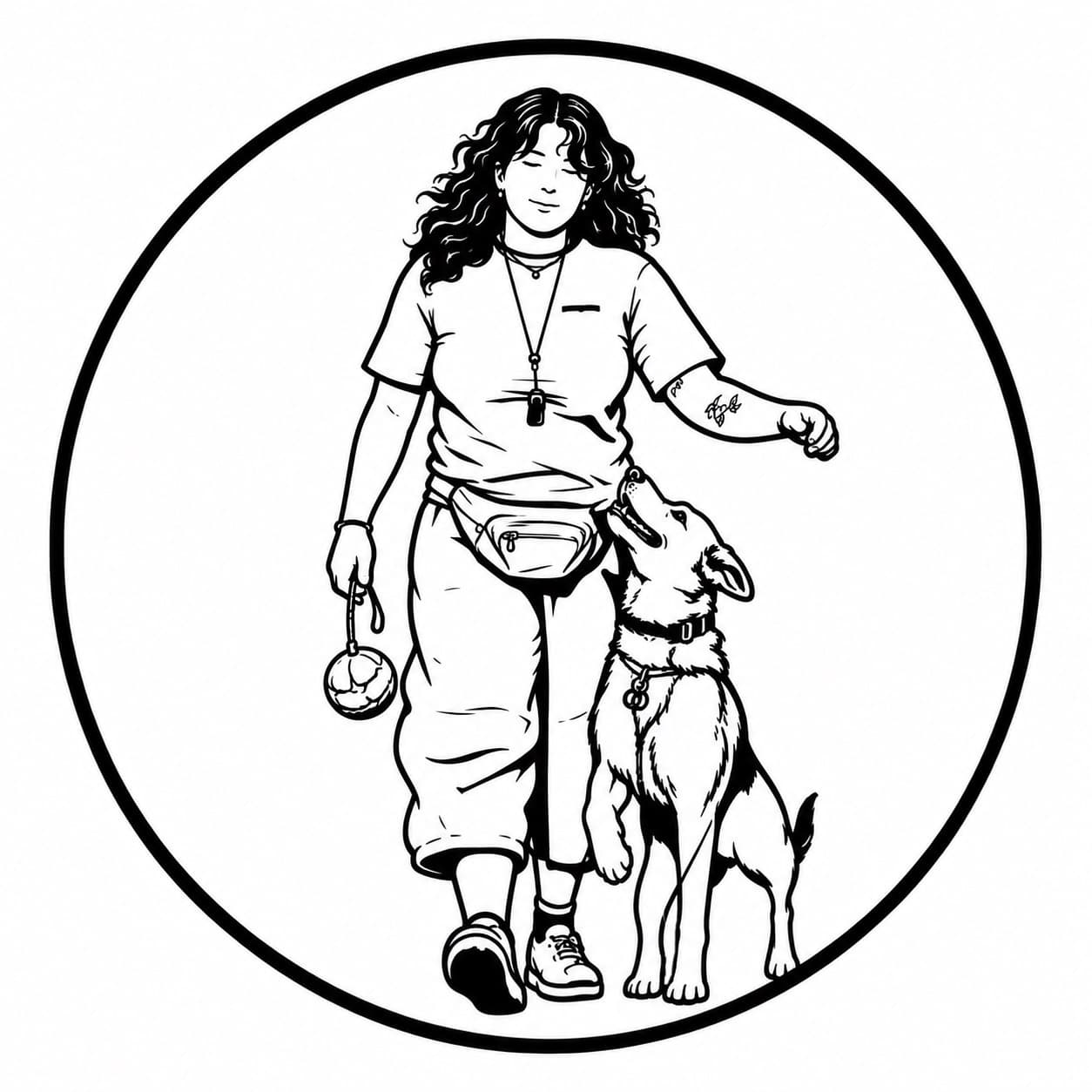 Fog City Canine logo — handler heeling a dog with ball-on-rope and treat pouch